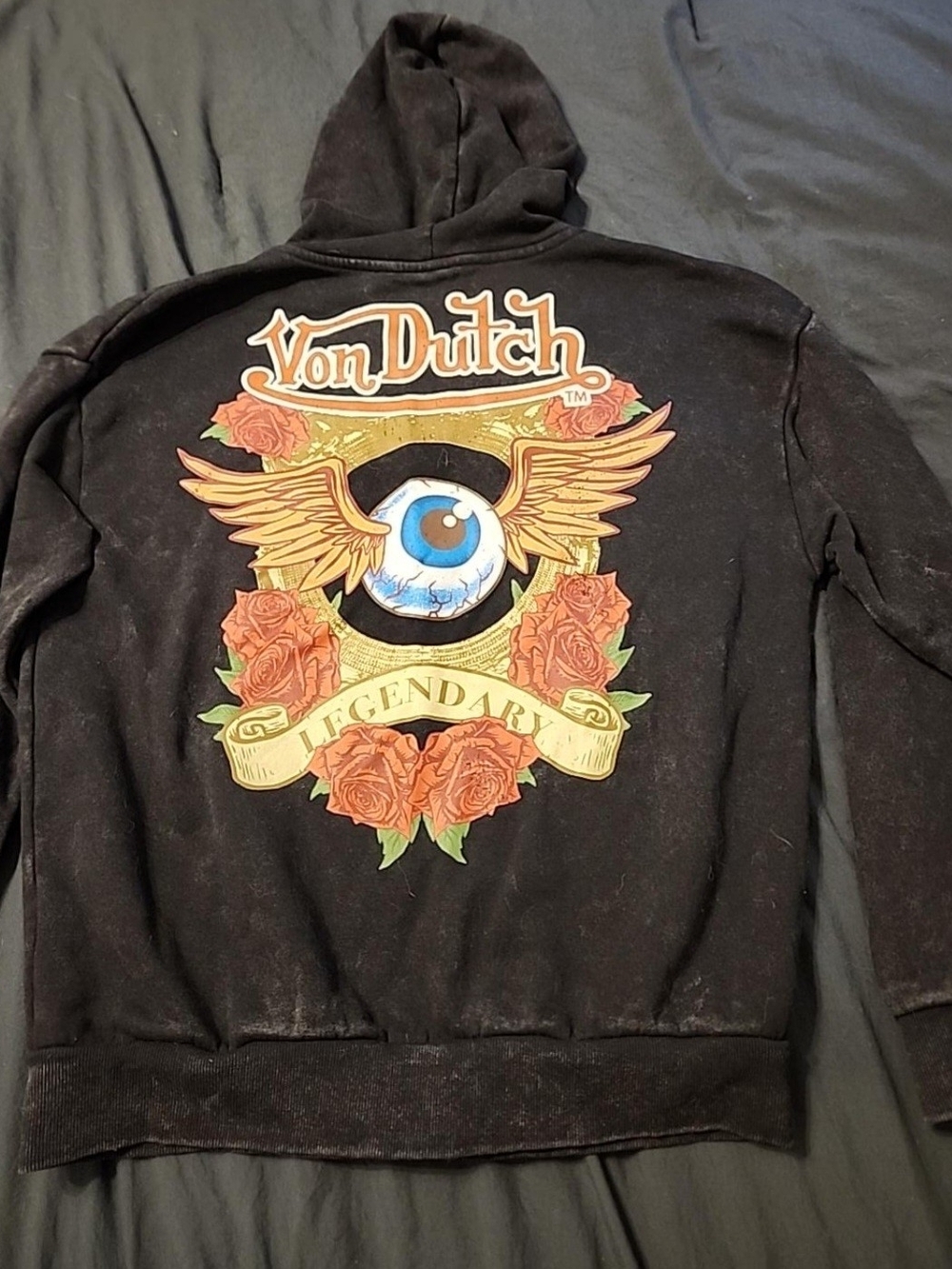 Von Dutch Black Hoodie with Winged Eyeball & Rose Back Graphic